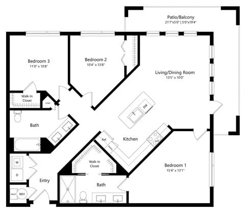 Floor plan for 3 beds, 2 baths, 1282 sqft